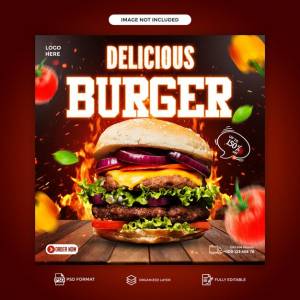 Шаблон поста в социальных сетях delicious food для ресторана фастфуд гамбургер