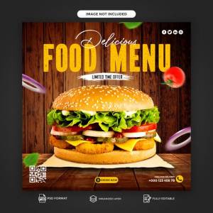 Шаблон флаера для поста в социальных сетях psd вкусные горячие и острые гамбургеры