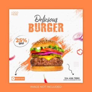 Вкусный бургер и меню еды шаблон баннера в социальных сетях