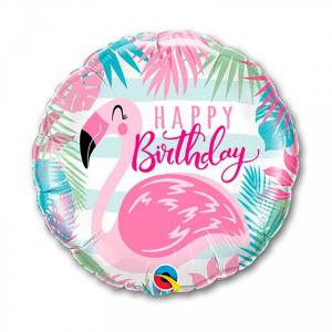 Шар воздушный круглой формы Happy Birthday розовый фламинго