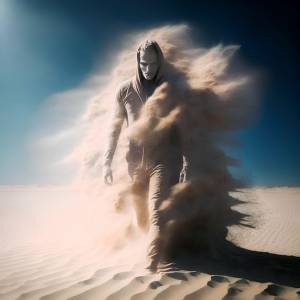 Человек идет по пустыне с пылью на лице