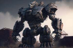 Робот с разбитым лицом и большим количеством гвоздей на нем