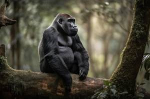 Горилла сидит на ветке дерева и смотрит вниз на лес внизу, созданный с помощью генеративного ии