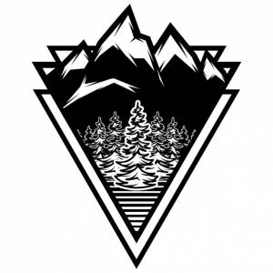 Лес на фоне гор шаблон логотипа треугольной формы векторное монохромное изображение