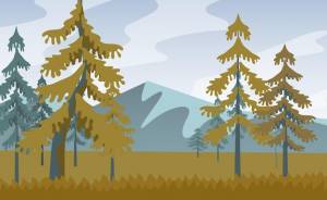 Осенний лес пейзаж горы и холмы на горизонте хвойные деревья природа силуэт шаблон