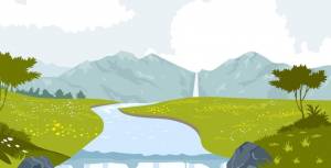 Креативный дизайн обложки красивый шаблон фона горы с рекой, протекающей вокруг зеленой травы