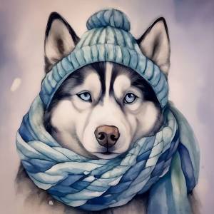 Хаски в зимней шапке