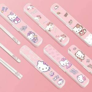 Kawaii Sanrio Hellokitty студенческие палочки для еды Abs Смола костюм портативная посуда набор из трех частей с посудой Случайная коробка шаблон