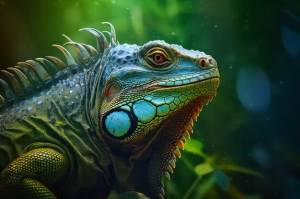 Зеленая игуана на зеленом фоне