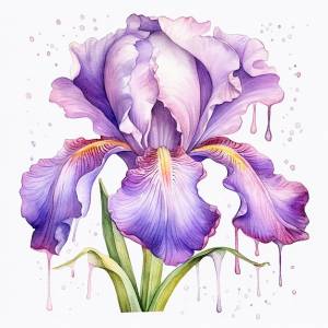 Акварельный рисунок фиолетового ириса со словом ирис на нем