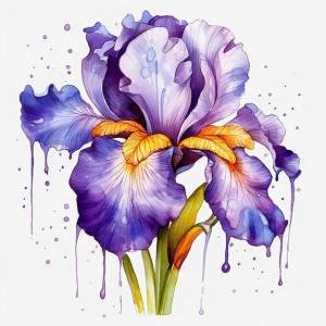 Акварельный рисунок фиолетового ириса со словом ирис на нем