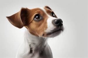 Собака с белой мордой и черным носом смотрит в камеру