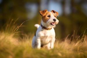 Счастливый джек-рассел-терьер ждет, слушая в траве