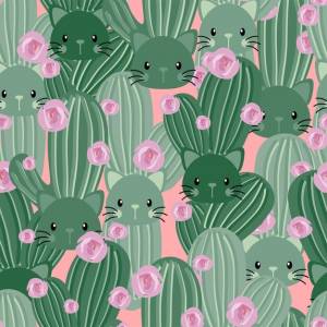 Милый кот кактус векторный фон шаблон бесшовные