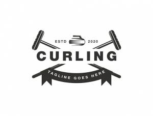 Керлинг логотип спортивный вектор с камнем для керлинга и концепцией скрещенных метел для керлинга