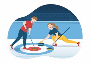 Иллюстрация кёрлингового спорта с командой, играющей в камни и метлу в ледяном кольце, нарисованном вручную шаблоном