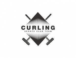 Керлинг логотип спортивный вектор с концепцией скрещенных веников на белом фоне