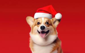 Портрет корги в новогодней красной шапке санта-клауса на красном фоне в студии creative концепция рождества и праздников