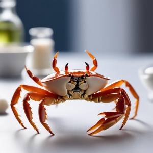 Крабы на белом столе, простой фон, стиль фотографии 8k, полный вид