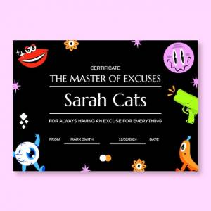 Нарисованный от руки красочный шаблон сертификата шутки мастера оправданий