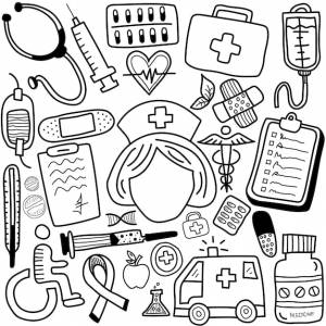 Ручной рисунок медсестры набор векторных иллюстраций эскиз медсестры и медицинские принадлежности ручной рисунок