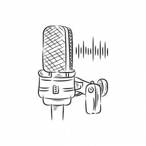 Подкаст микрофона и эскиз формы звуковой волны, векторная иллюстрация, нарисованная вручную