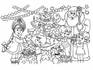 Раскраска «Дед Мороз и Снегурочка дарят подарочки»
