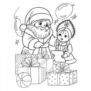 Раскраска Дед Мороз, Снегурочка и подарки