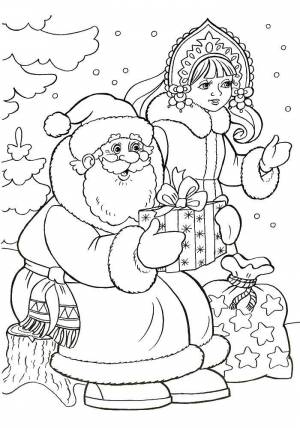 Раскраски Снегурочка, Раскраска Дед мороз и снегурочка дарят подарки новый год