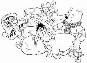 Раскраска «Винни Пух и его друзья лепят снеговика»