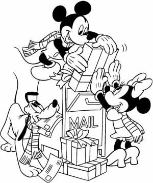 Раскраска «Микки Маус, Минни Маус и Плуто отправляют подарки»