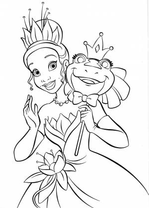 Веселитесь с принцессой Тианой и лягушкой Раскраски
