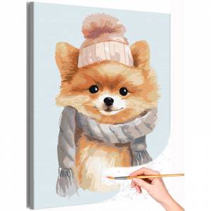 AAAA-Q1078 Шпиц в шарфе и шапке Животные Собака Щенок Зима Раскраска картина по номерам на холсте недорого