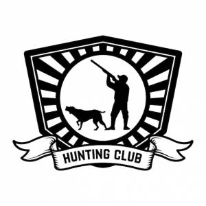 Шаблон эмблемы охотничьего клуба охотник с охотничьей собакой элемент дизайна для логотипа этикетки знак плаката баннер векторная иллюстрация