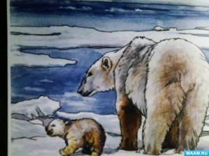 Фото отчёт занятия по рисованию с элементами аппликации «Белый медведь и северное сияние»