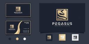 Минималистичный дизайн логотипа pegasus с уникальной формой прямоугольной линии, природа, парк, лошадь, золотой класс, premium vecto