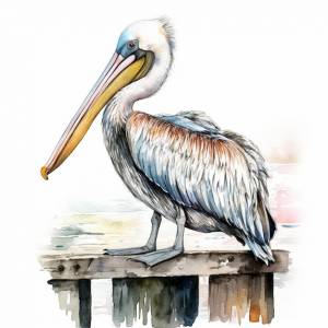 Акварельный рисунок пеликана с желтым клювом
