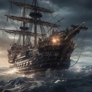 Корабль в океане со словом пираты на нем