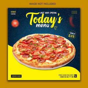 Вкусная еда меню пиццы шаблон сообщения в социальных сетях