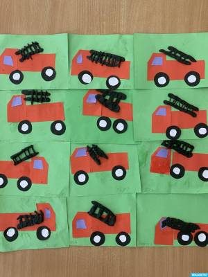 Аппликация из геометрических фигур с элементами лепки в младшей группе «Пожарная машина»