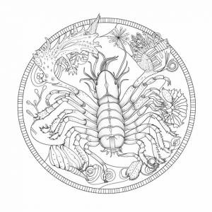 Черно-белый рисунок скорпиона в окружении генеративного искусственного интеллекта морской жизни