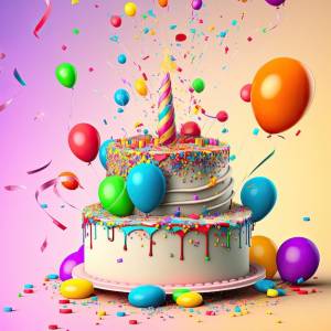 Торт на день рождения с радужным рогом и конфетти наверху