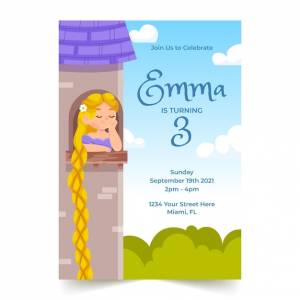 Шаблон приглашения на день рождения рапунцель в мультяшном стиле