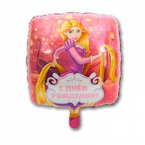 Шар квадратной формы с изображением Рапунцель и надписью с днем рождения
