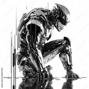 Futuristic cyber robocop as melting chrome, made with Generative AI Иллюстрация Stock