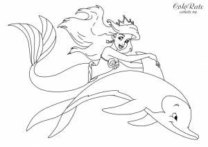 Раскраска Ариэль катается на дельфине