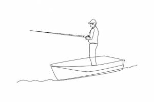 Простой непрерывный рисунок линии человека, ловящего рыбу на лодке