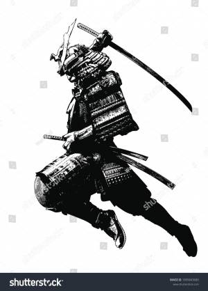 Black Silhouette Samurai Flying Into Battle