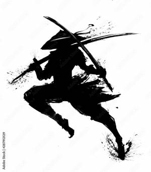 Silhouette of a samurai in a jump, wearing a hat with two swords in his hands