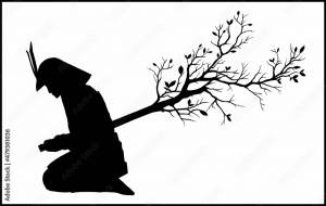 Isolated silhouette of a sitting Japanese warrior, who pierced himself with a katana from which branches with leaves grow